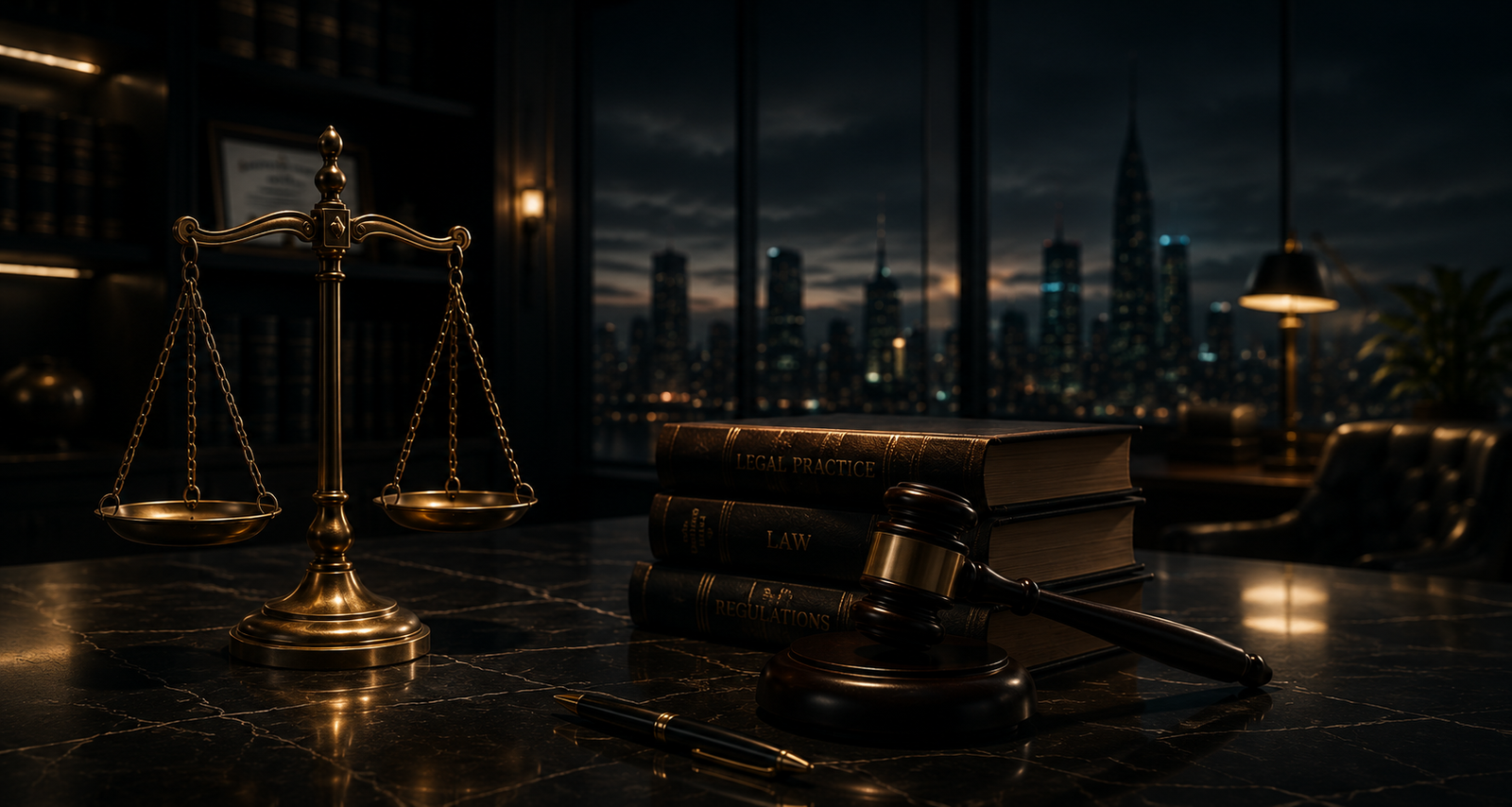 Scales of justice, gavel and law books with the Riyadh skyline at dusk