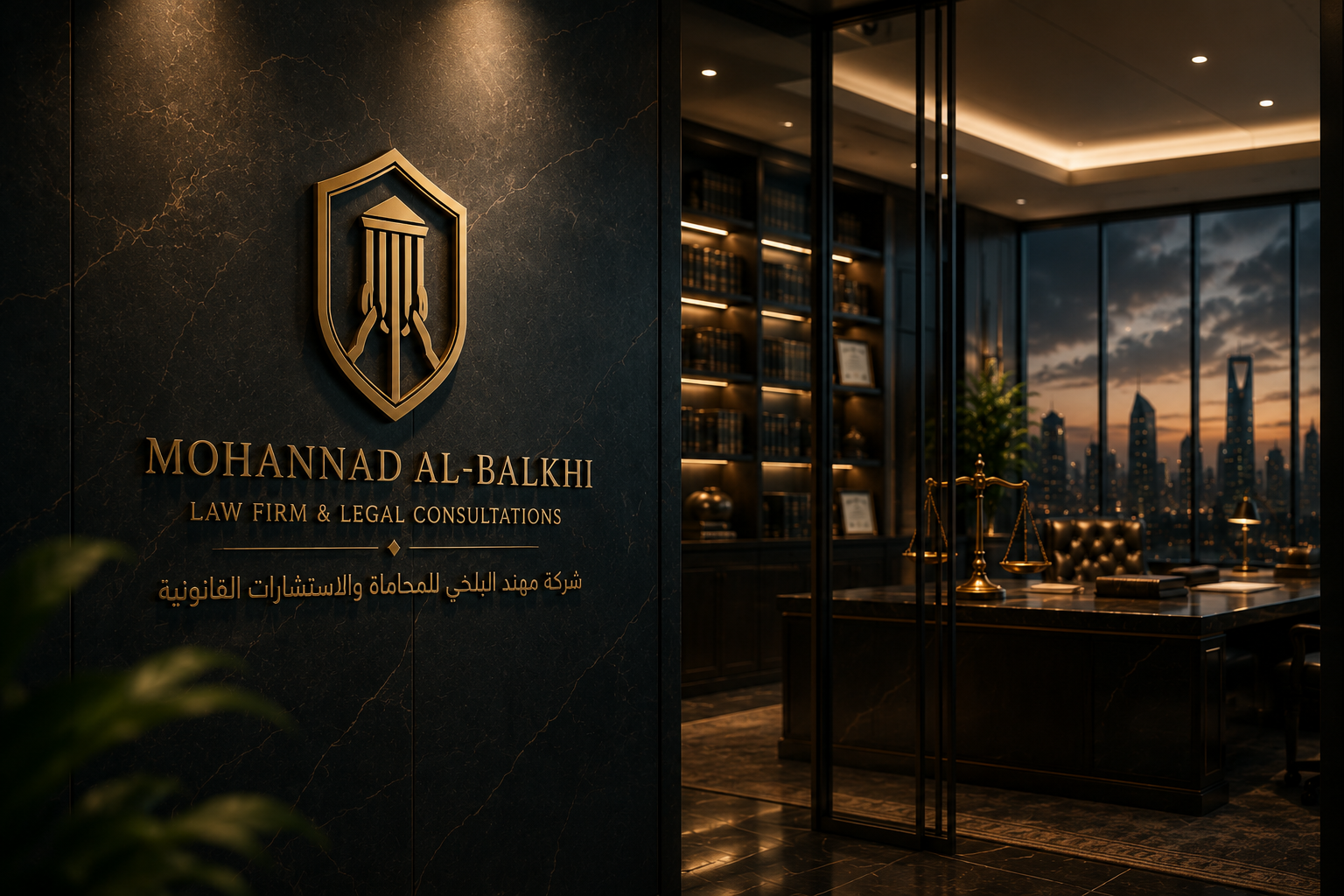 Mohannad Al-Balkhi law office with gold logo wall and Riyadh skyline